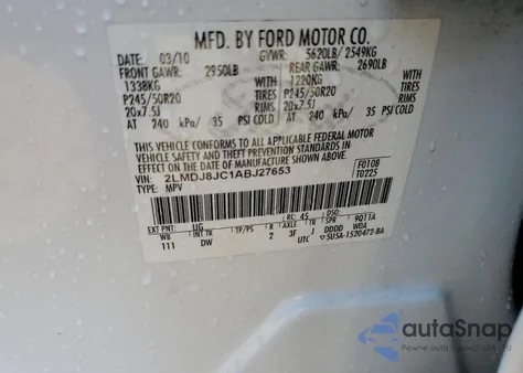 2010 Lincoln Mkx из США, поврежденный, VIN 2LMDJ8JC1ABJ27653